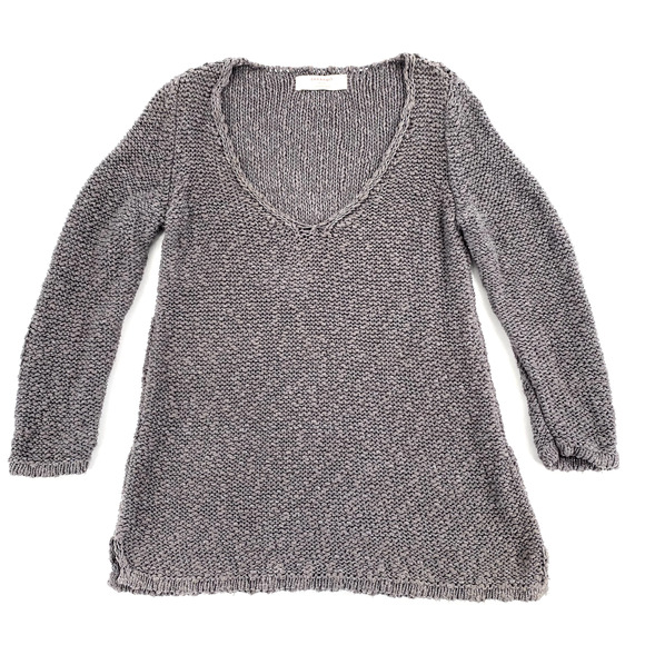 Zara Knit Womens Open Knit Deep V-Neck Sweater Sz L Grey Silver Split Hem - Picture 1 of 9